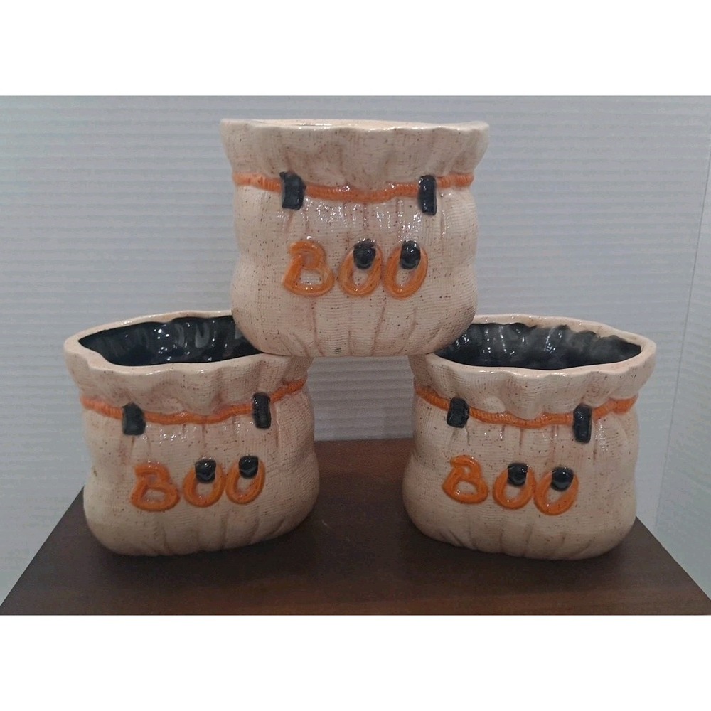 Vtg HALLOWEEN BOO Trick-Or-Treat Ceramic Handpainted Bowls Set Of 3‎ Handmade